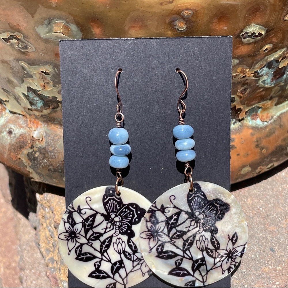 Blue Opal And Butterfly Seashell Copper Dangling Earrings - Picture 9 of 9
